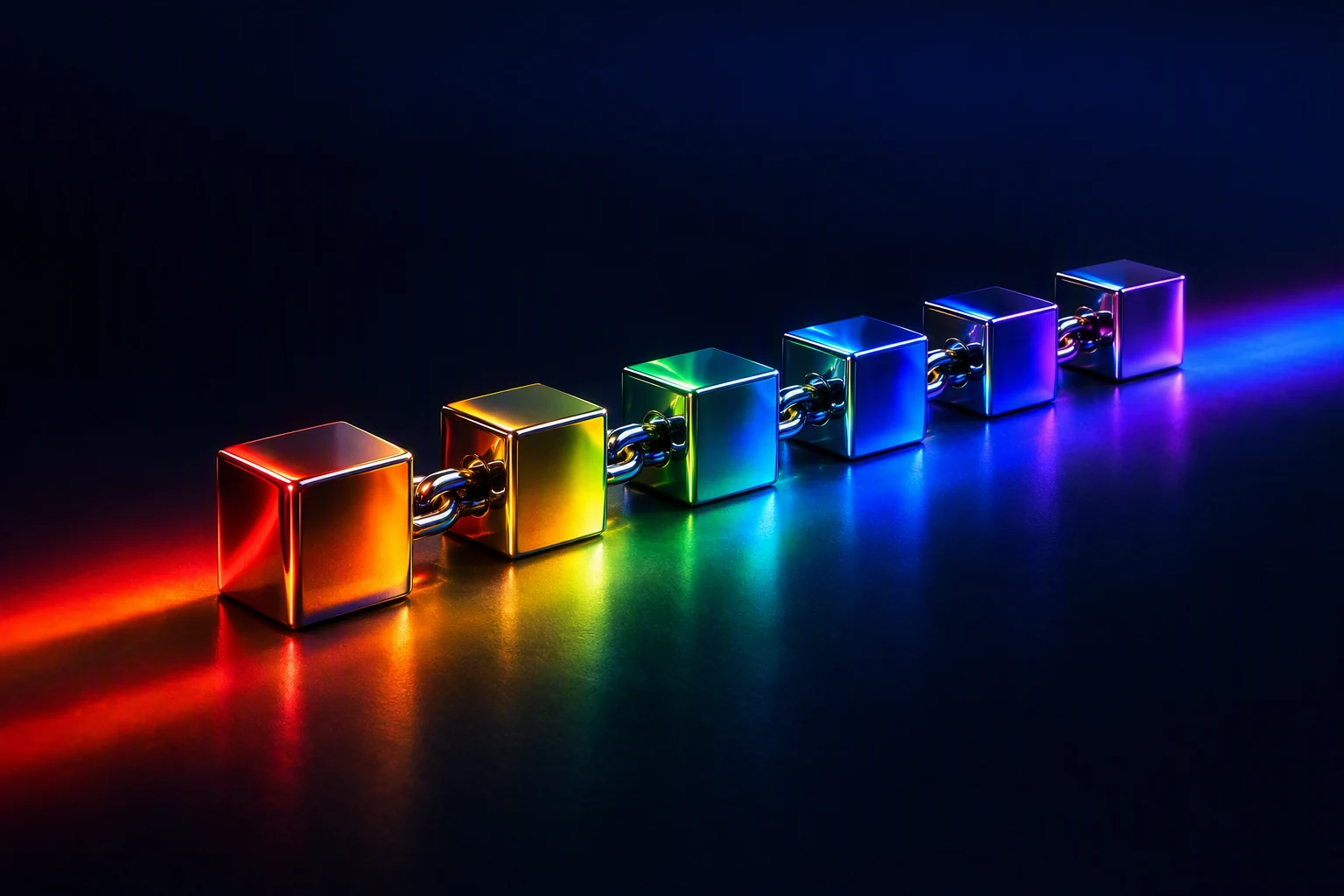 A chain of six linked chrome cubes receding in perspective, each catching a different color of the spectrum